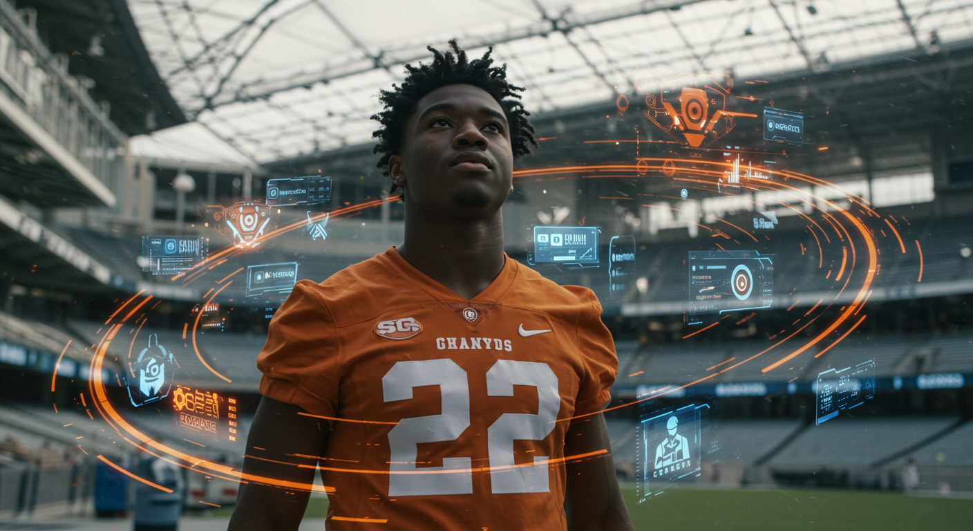 Athlete surrounded by AI agents and digital branding elements